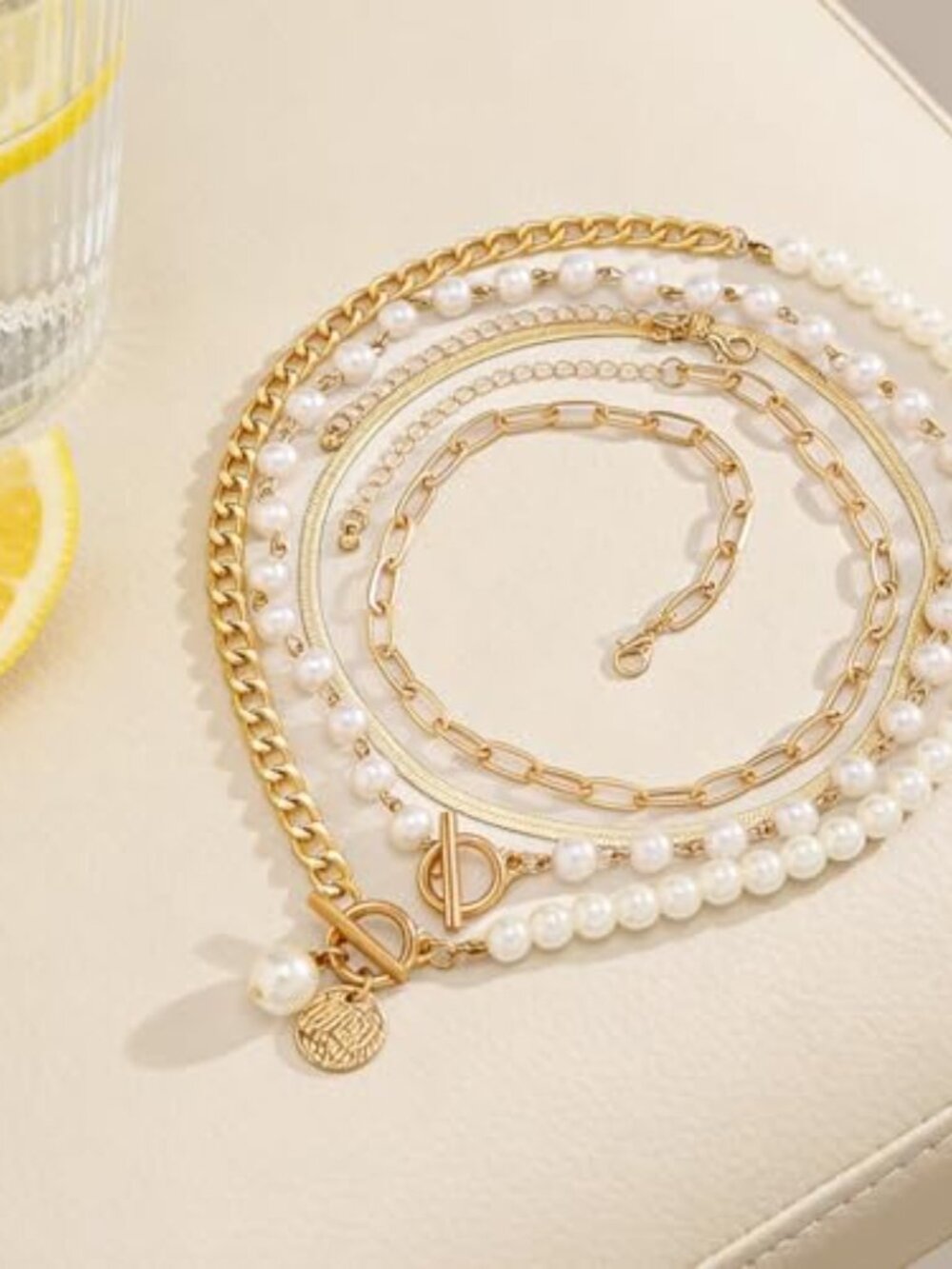 Gold Layered Chunky Necklace for Women Paperclip Chain Pearl Necklace Herbone